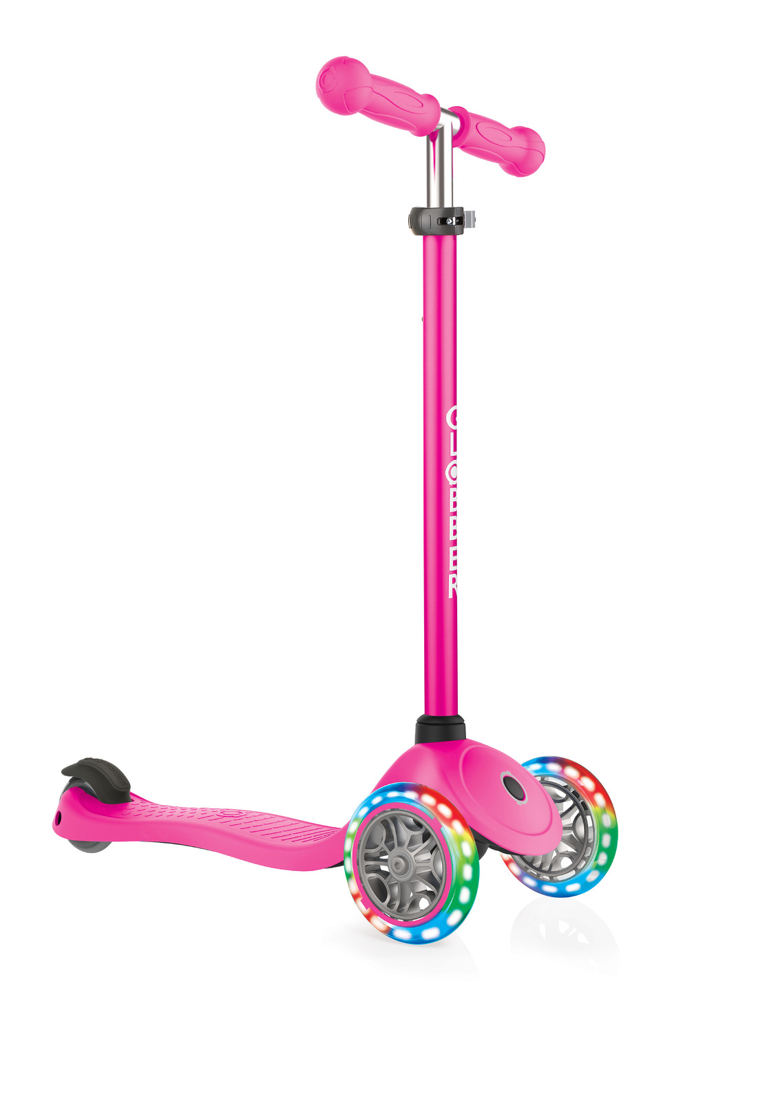 Globber Primo Kids Scooter with Lightup wheels & Anodized TBar - Neon Pink
